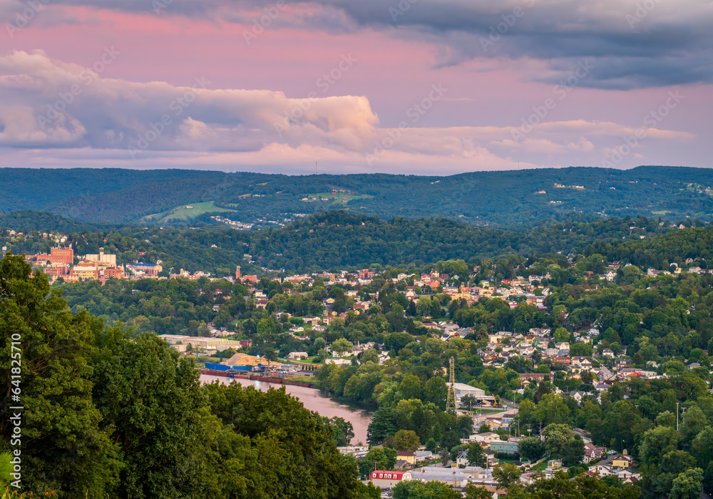 Cityscape of the city of Granville and Morgantown in West Virginia with interesting sunset lighting the sky