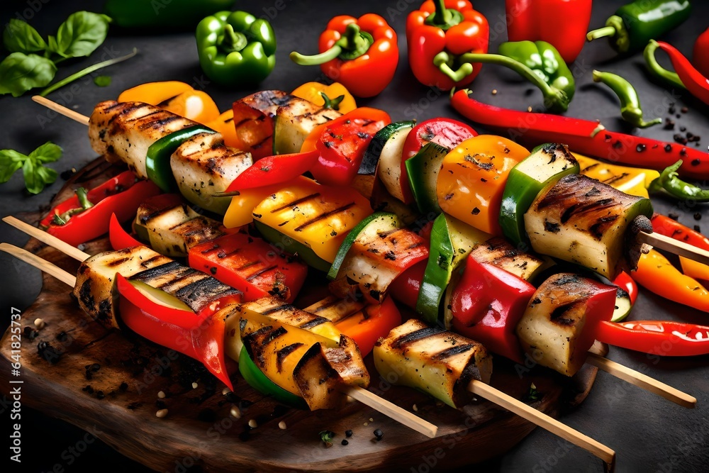 Grilled veggie kebabs with colorful peppers.