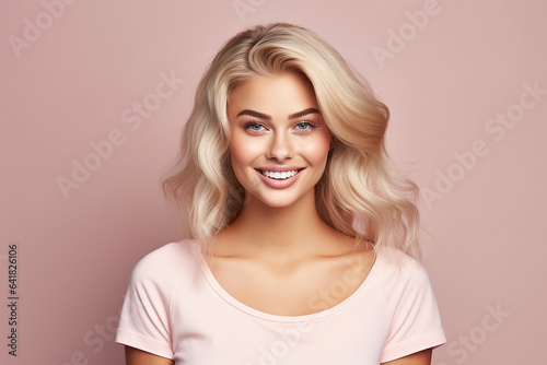 ai generative, smiling blonde girl on pink background