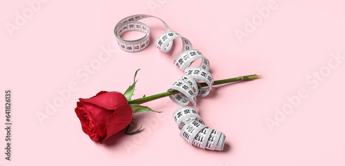 Beautiful rose flower and measuring tape on pink background