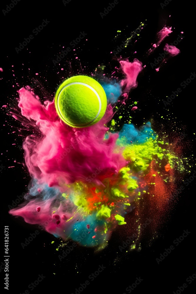 Tennis ball in explosion of colored neon powder isolated on black background | Generative AI