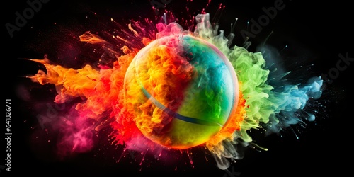 Tennis ball in explosion of colored neon powder isolated on black background | Generative AI