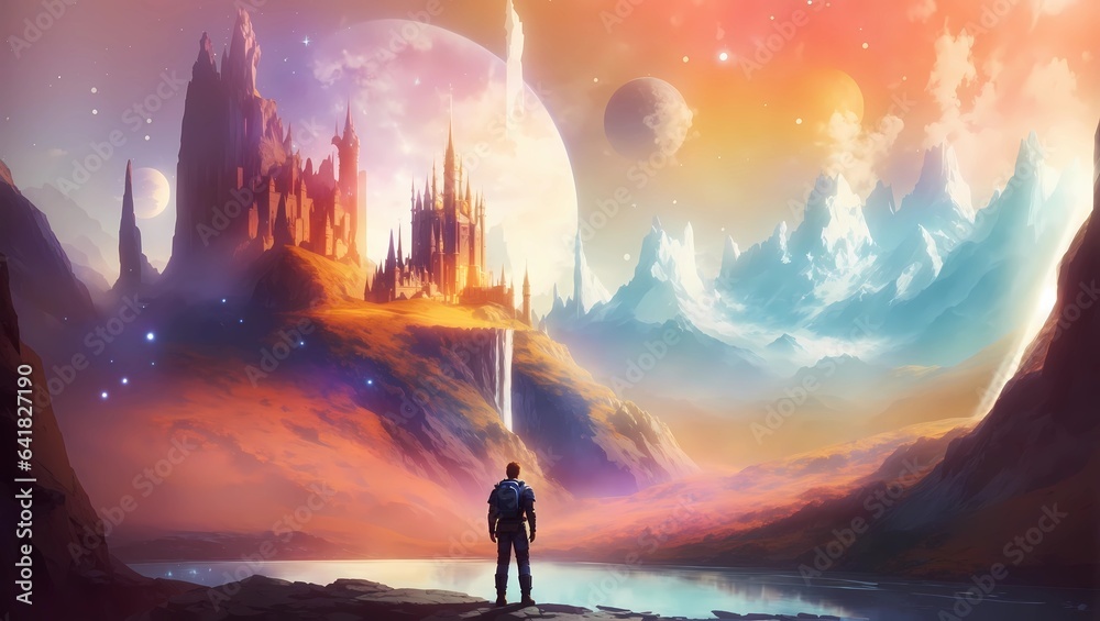 a castle in fantasy land Man standing in sci-fi magical landscape with rock valley,