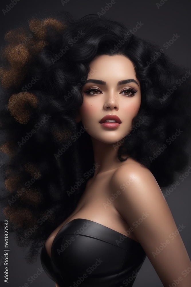 Asian woman with makeup, Fluffy black hair and strong head with copy space, studio background for advertising materials. Generation AI Asian woman with makeup, Fluffy black hair and strong head with copy space, studio background for advertising materials. Generation AI
