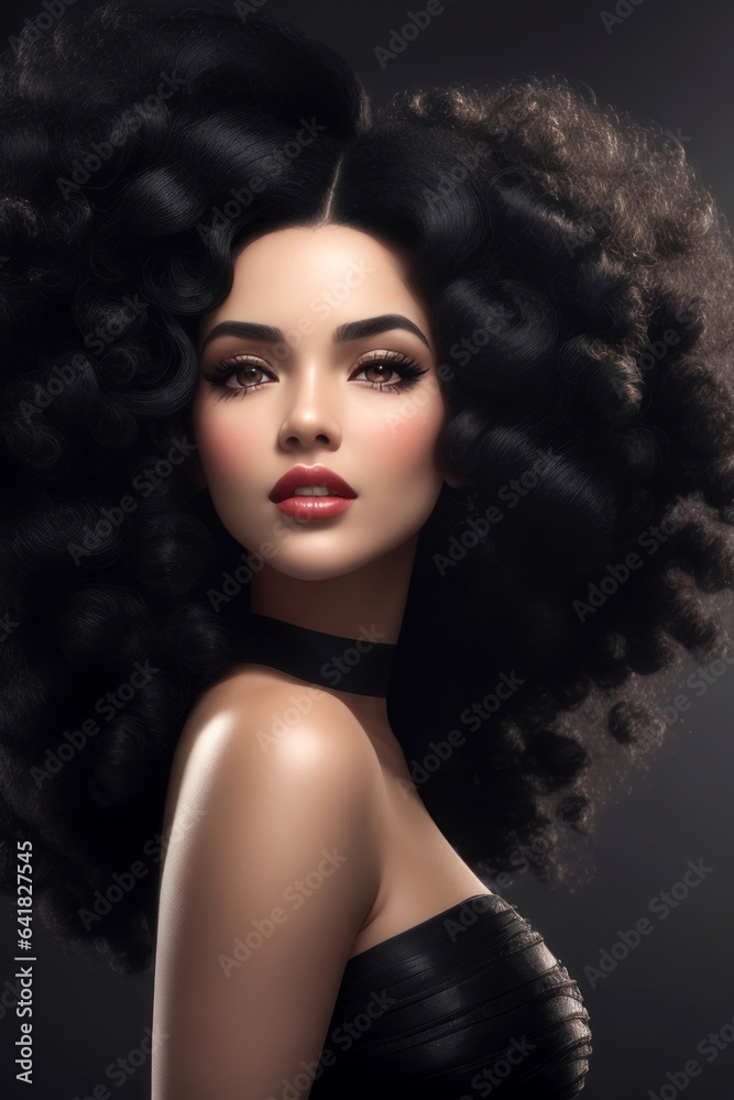 Asian woman with makeup, Fluffy black hair and strong head with copy space, studio background for advertising materials. Generation AI Asian woman with makeup, Fluffy black hair and strong head with copy space, studio background for advertising materials. Generation AI