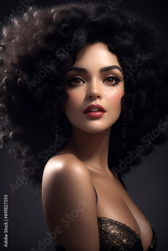 Asian woman with makeup, Fluffy black hair and strong head with copy space, studio background for advertising materials. Generation AI