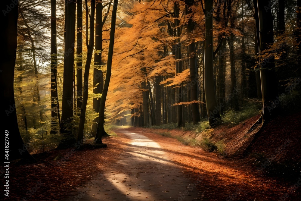 Obraz premium Ein einsamer Weg durch einen Wald in Herbstfarben