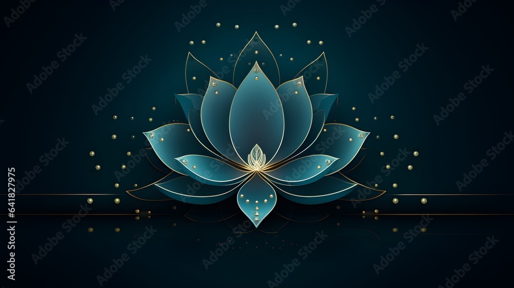 Beautiful lotus flower on dark blue background. Luxurious design with green emerald lotus and golden elements. - obrazy, fototapety, plakaty 