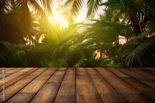 Wooden table terrace with Morning fresh atmosphere tropical landscape. illustration of wooden background for product placing