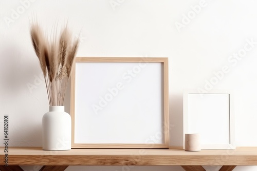Square wooden frame mockup on vintage bench, table. Modern white ceramic vase with dry Lagurus ovatus grass, books and busines card. White wall background. Scandinavian, Generative AI