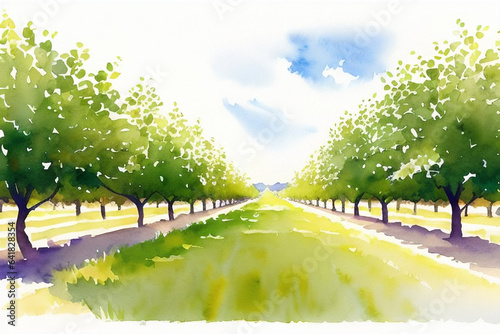 Watercolor painting. Two rows of fruit trees in a large garden