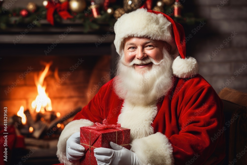 Santa Claus near the fireplace with gifts. Generative AI