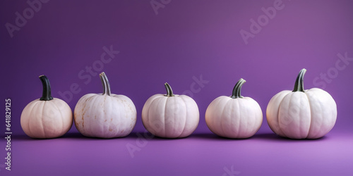 White pumpkins in a row on violet background