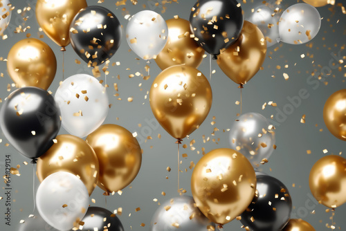 A lot of celebration and party, colorful Christmas balloons with ribbons. Event decoration.  New year eve, Christmas party or Birthday celebration