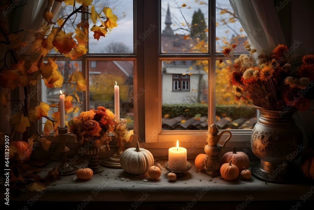 Herbstliches Fensterbrett mit Kerzen und Blättern.