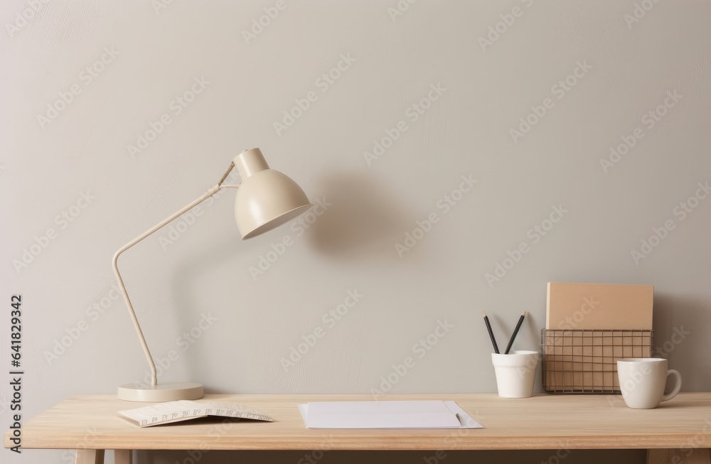 Wooden desk with lamp, books and cup holder for pencils. Note pad ...