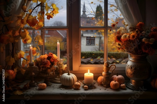 Herbstliches Fensterbrett mit Kerzen und Blättern.