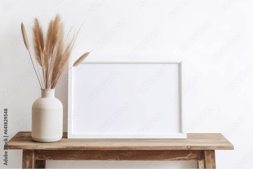 Summer, fall still life photo. Vase with dry lagurus, bunny tail grass in ceramic vase. Old wooden bench. Blank horizontal white picture frame mockup, Generative AI
