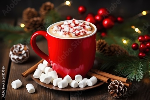 Hot drink with marshmallows in red mug