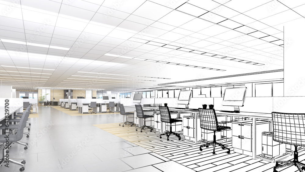 office space For working with computers, office equipment,a combination of line drawings and color.,3d rendering office space For working with computers, office equipment,a combination of line drawings and color.,3d rendering