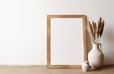 Portrait picture frame mockup. Wooden chopping boards and vase with dry lagurus grass. Beige linen tablecloth. White wall background. Scandinavian interior still life. Home design. Art, Generative AI