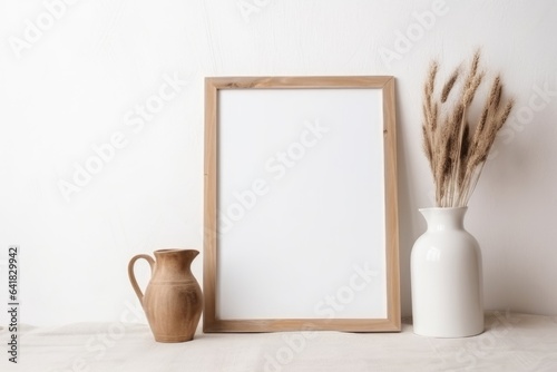 Portrait picture frame mockup. Wooden chopping boards and vase with dry lagurus grass. Beige linen tablecloth. White wall background. Scandinavian interior still life. Home design. Art, Generative AI