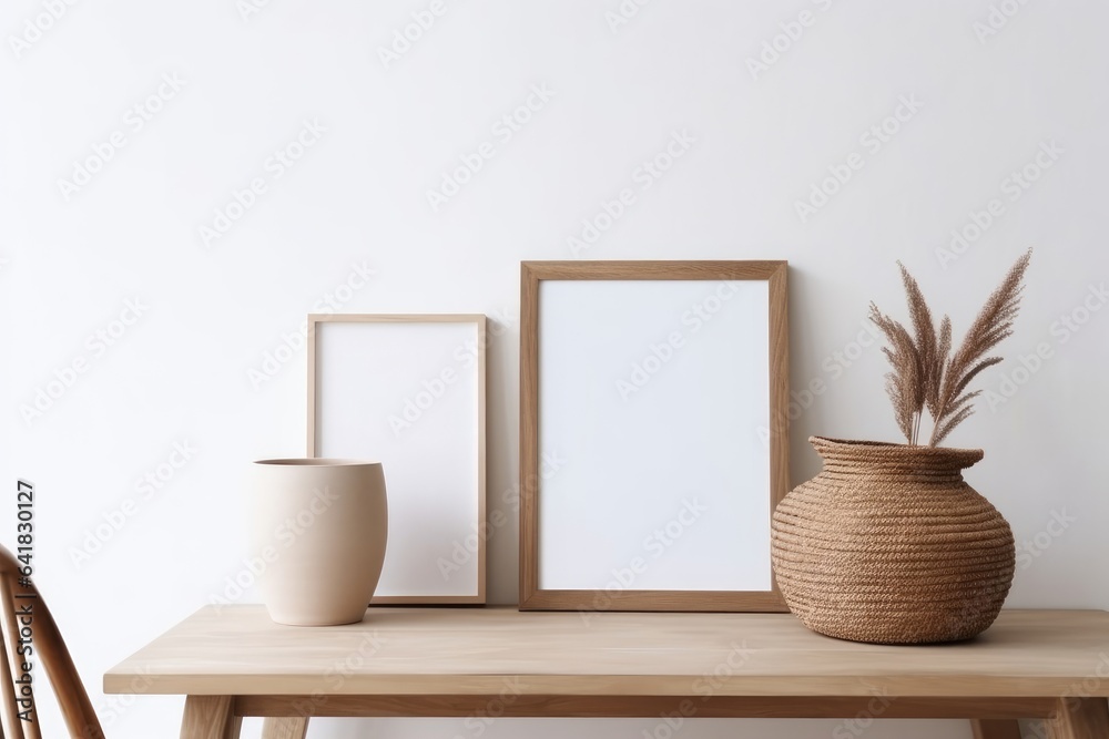 Obraz premium Empty picture frame mockup in boho modern minimalist interior. Wooden table, blurred rattan chair. Textured vase. Cup of coffee. White wall background. Vertical template of artwork, Generative AI