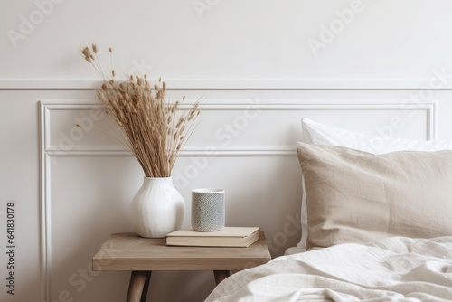 Elegant Scandinavian bedroom interior. Blank greeting card, invitation mockup on bedside table. Cup of coffee, old books. Ball vase with dry grass. Beige linen throw bedding. White wall, Generative AI photo