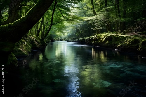 Spiegelung von Bäumen in einer ruhigen Flusskurve