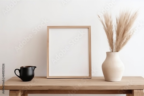 Blank vertical wooden picture frame mockup. Organic shaped black vase with dry grass on table, bench. Cup of coffee on old books. Working space, home office. Art, poster. Boho beige, Generative AI