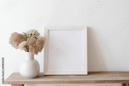 Neutral artistic still life. Blank picture frame mockup on old wooden bench in sunlight. Dry hydrangea flowers in textured vase. White wall background. Empty copyspace. Elegant boho, Generative AI