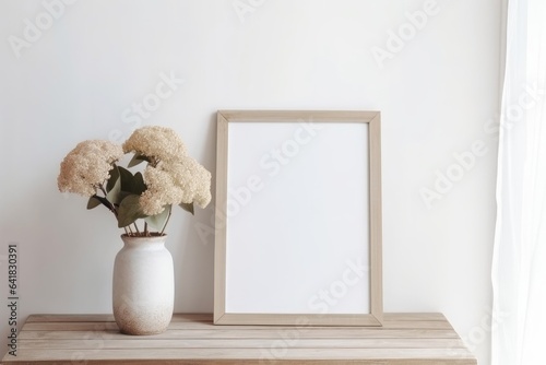Neutral artistic still life. Blank picture frame mockup on old wooden bench in sunlight. Dry hydrangea flowers in textured vase. White wall background. Empty copyspace. Elegant boho, Generative AI