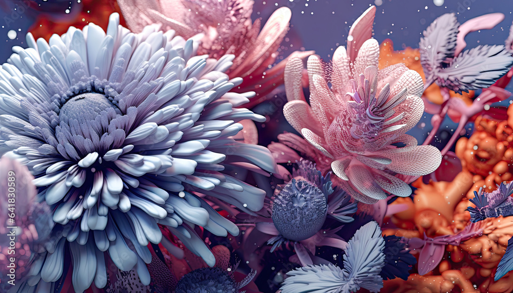 Fototapeta premium A Dreamlike Garden of Purple Flowers,Dreamy Conceptual Botanical Flower Art, 3D Rendering