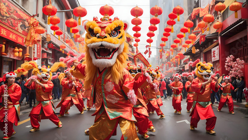 A colorful Chinese lion dance troupe weaving through a bustling city street, Happy Chinese New Year. photo