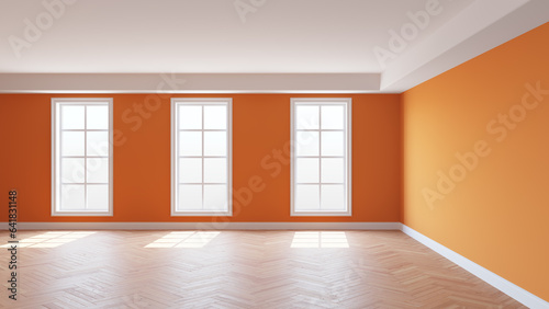 Orange Interior with a White Ceiling and Cornice  Glossy Herringbone Parquet Floor  Three Large Windows and a White Plinth. Sunny Beautiful Room. 3D illustration  8K Ultra HD  7680x4320  300 dpi