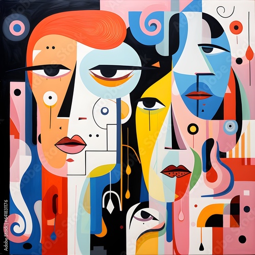 Diverse Cartoonish Faces in Bold Graphic Abstract Patterns, Chic Art for Modern Social Media - AI Generated