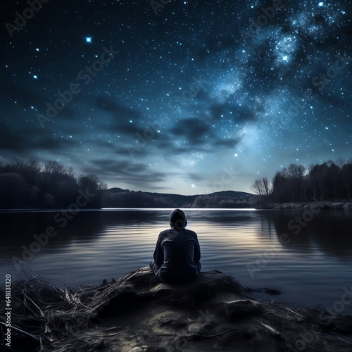 Person looking off at the stars above a lake at night, taking in the gorgeous view