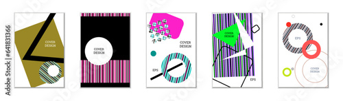 Geometric cover design, set of 5 covers. Abstract unusual background in Memphis style. Bright geometric shapes in random order