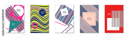 Geometric cover design, set of 5 covers. Abstract unusual background in Memphis style. Bright geometric shapes in random order