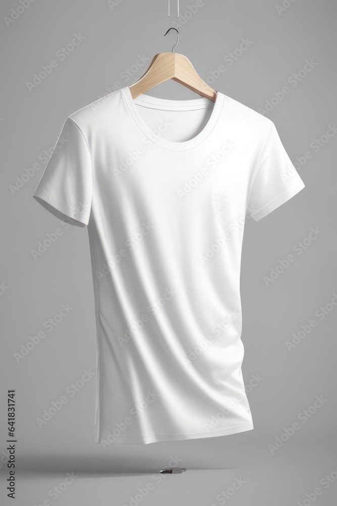 White t-shirt on hanger against gray background inside studio.generative AI White t-shirt on hanger against gray background inside studio.generative AI