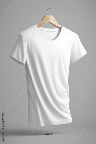 White t-shirt on hanger against gray background inside studio.generative AI