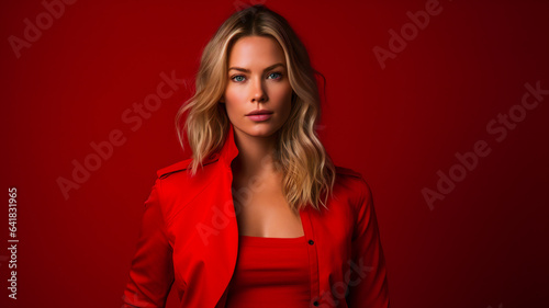 Blonde Woman with Blue Eyes on Red