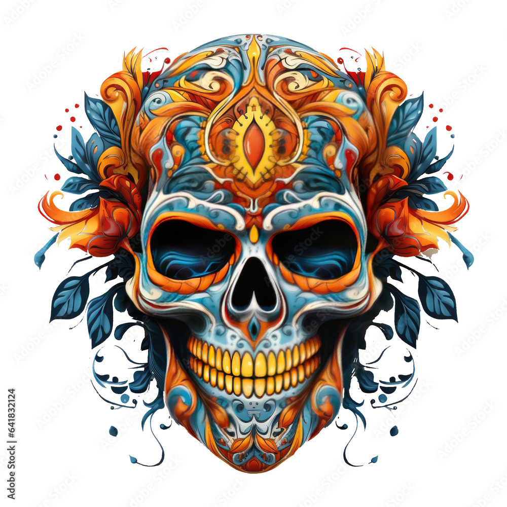 A tribal-inspired Halloween Skull t-shirt design, featuring a skull intricately decorated with tribal patterns and symbols, Generative Ai