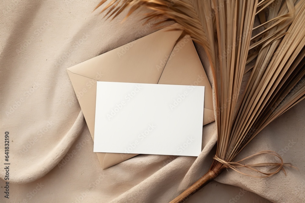 Summer stationery still life. Closeup of blank card mock-up and craft envelope on dry palm leaf. Grunge beige concrete background. Flat lay, top view, Generative AI