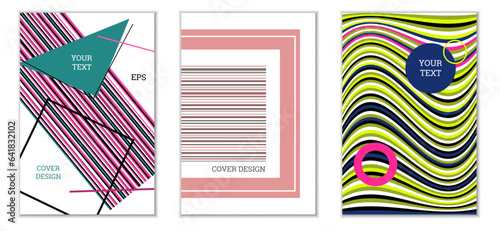 Geometric cover design, set of 3 covers. Abstract unusual background in Memphis style. Bright geometric shapes in random order