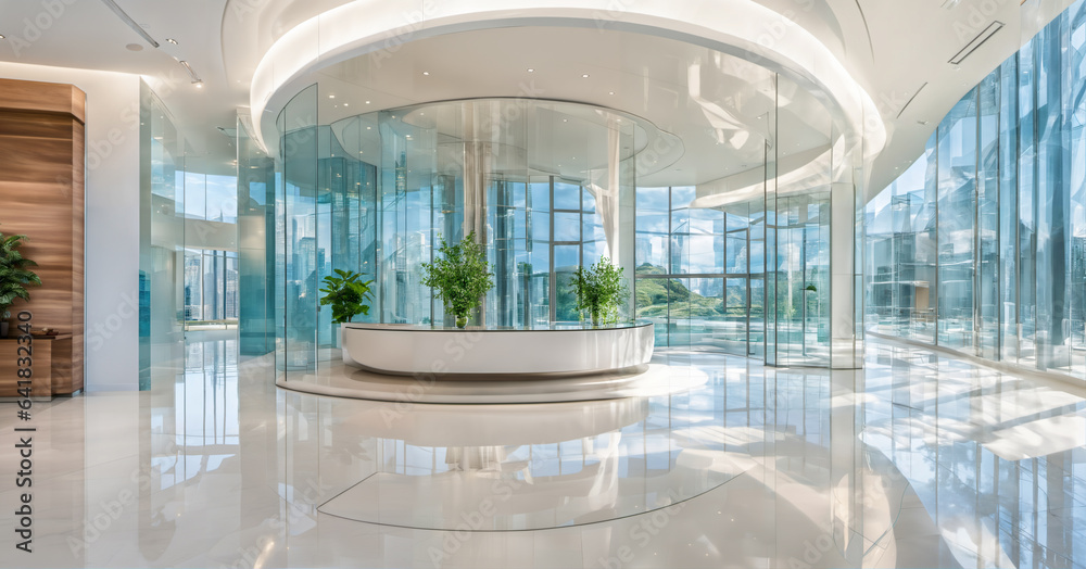Modern futuristic business company entry hall or hotel lobby. Luxury