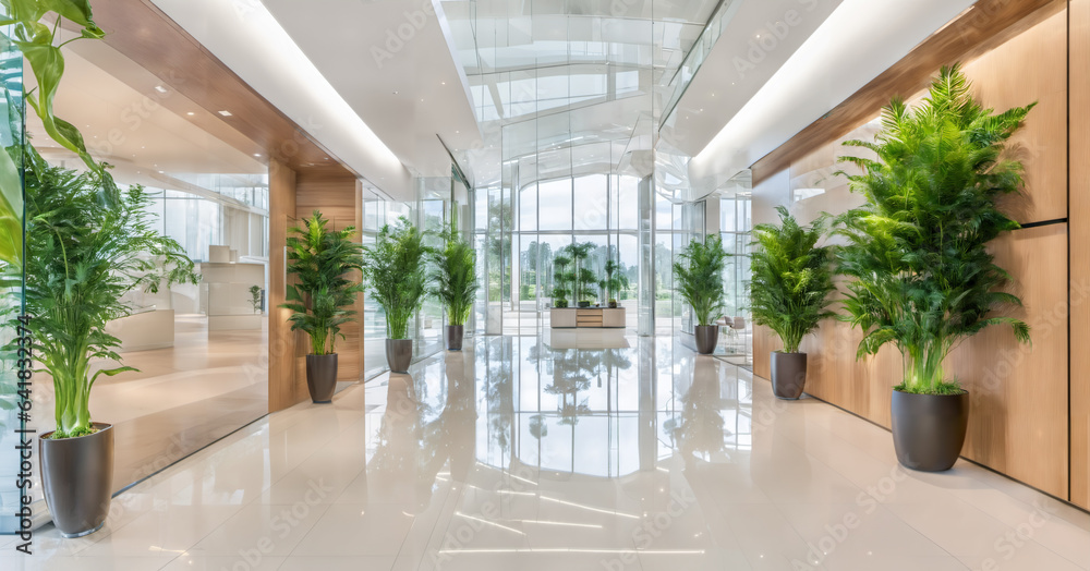 Modern futuristic business company entry hall or hotel lobby. Luxury