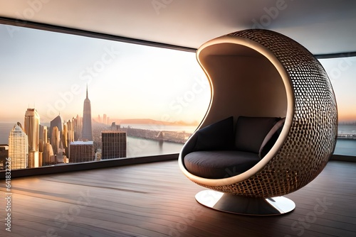 Futuristic chair cocoon in a modern living room in boho style photo