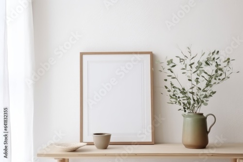 Breakfast still life. Modern living room. Cup of coffee  books. Empty wooden picture frame mockup on desk  table. Vase with green willow tree branches. Elegant Scandi working space  Generative AI