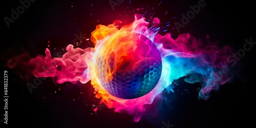 Golf ball in explosion of colored neon powder isolated on black background   Generative AI © Kay
